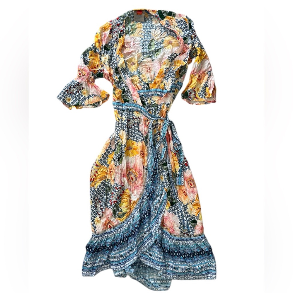 FARM Rio Camila Anthropologie Wrap Dress Size SP Summer Multicolor Floral ☀️